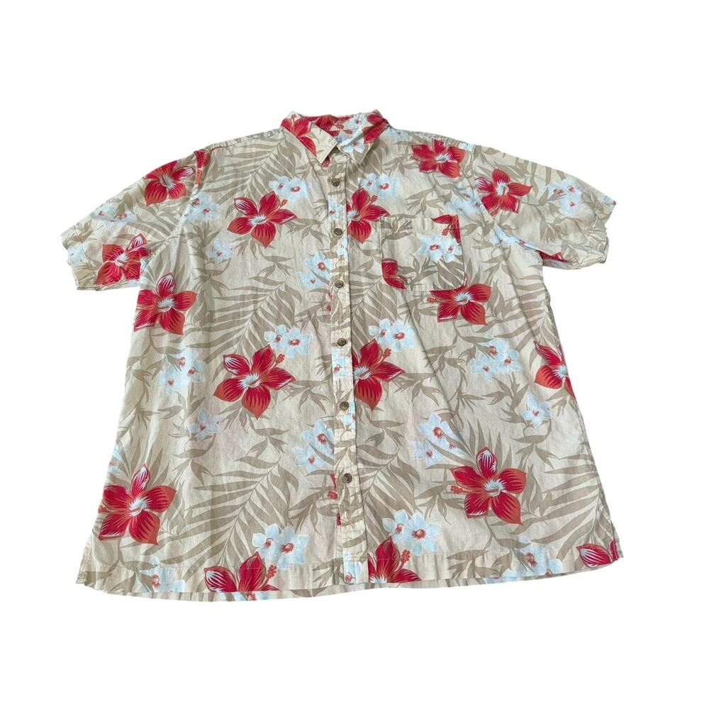 Croft & Barrow Hawaiian Shirt XL Floral Tropical Button Front Beige Red Vacation